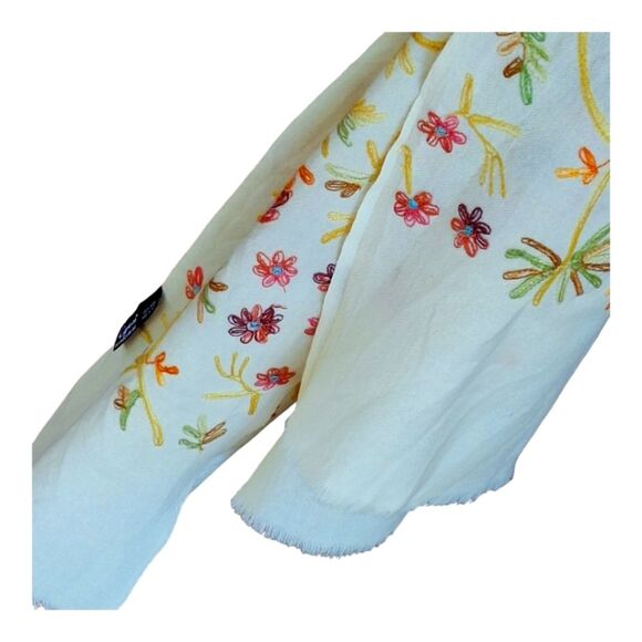 Boho Embroidered Wool Scarf Colorful Floral Cream Raw Edges Large 70 Long x 20 - Picture 9 of 12